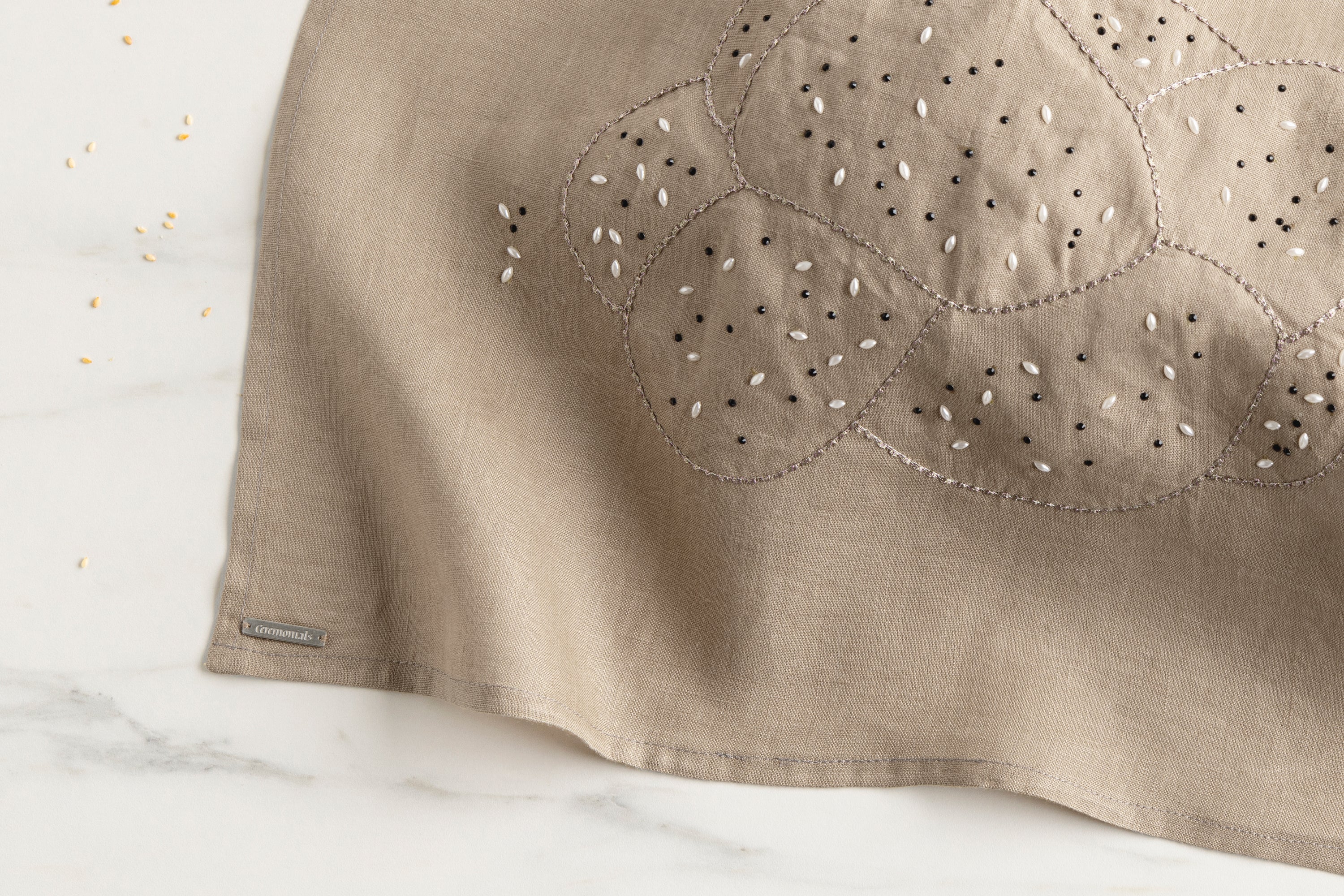 Embroidered linen challah cover with pearl seeds, made in Israel- Peace Love Light Shop