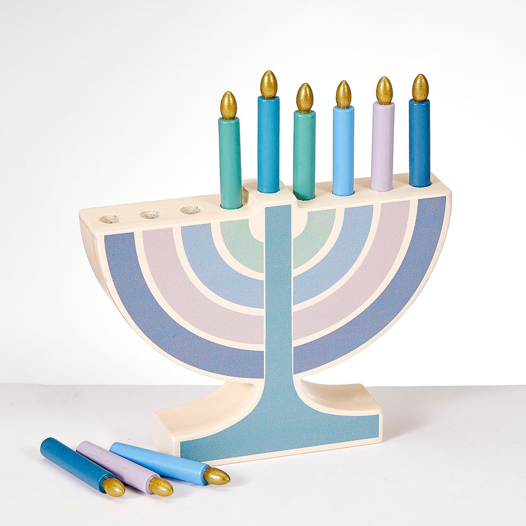 Children's wooden play menorah- Peace Love Light Shop