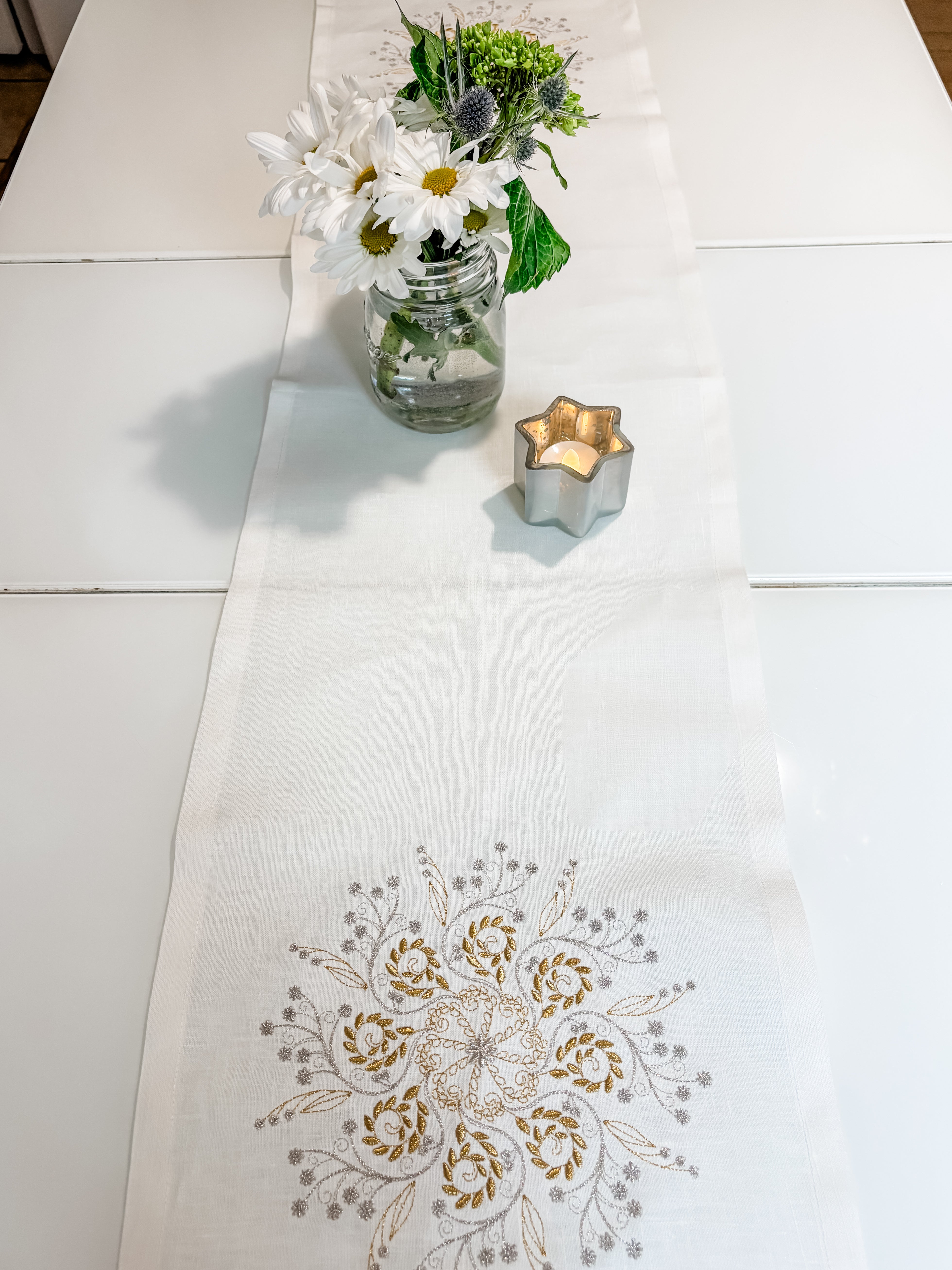 Embroidered Matzoh cover,Afikoman Bag + Runner, Ivory linen, Gold Embroidery