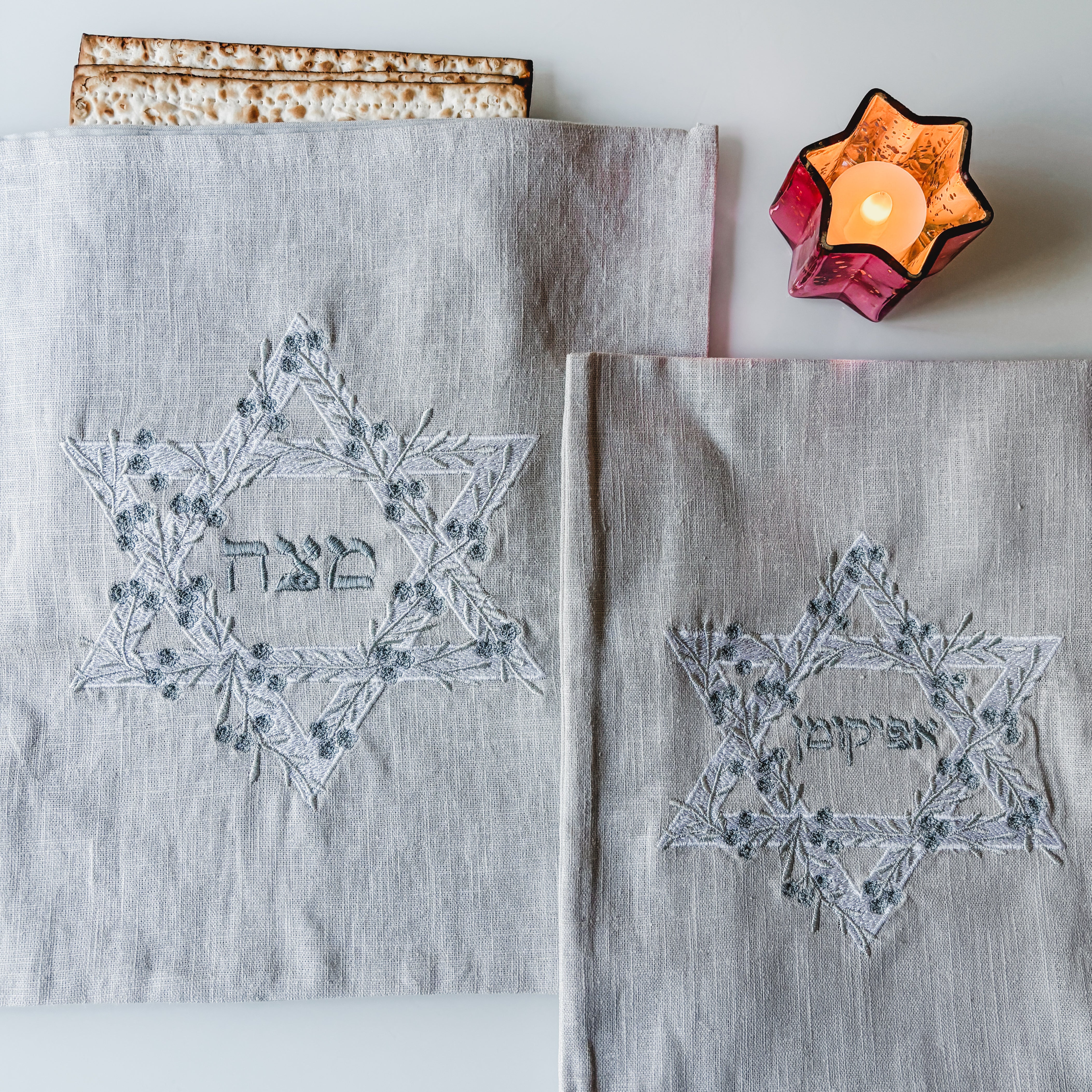 Matzah cover,afikoman bag set, Embroidered linen- Peace Love Light Shop