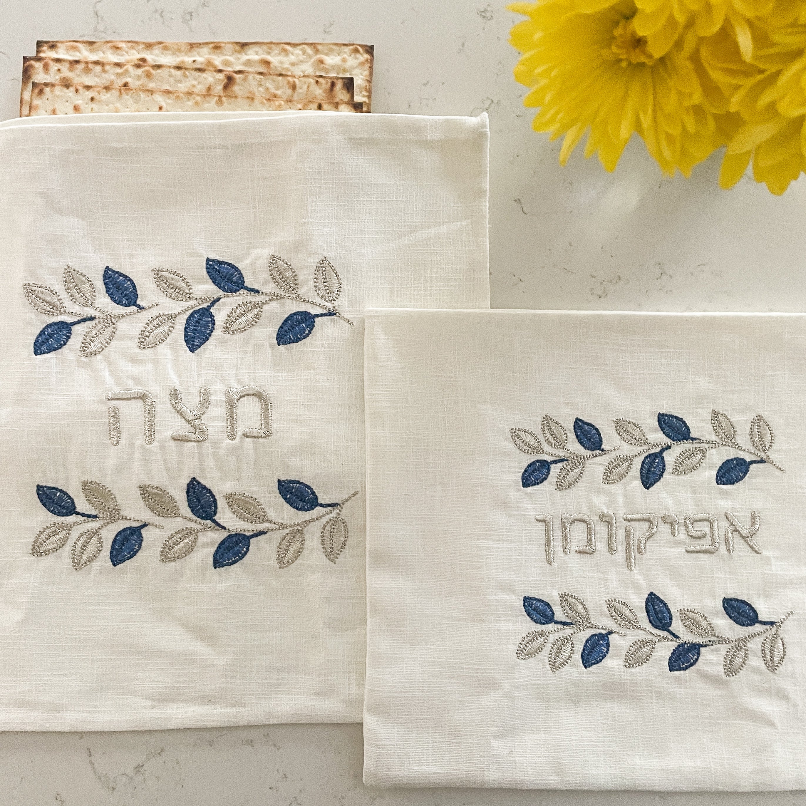 Embroidered Matzoh cover/Afikoman Bag Set, Navy & Silver Botanical