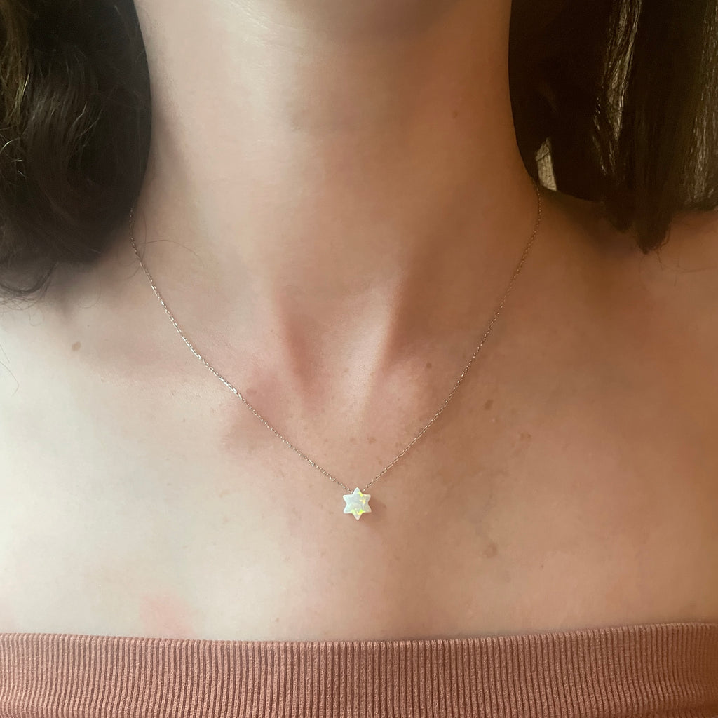 Tiny White Opal Jewish Star Necklace- Peace Love Light Shop