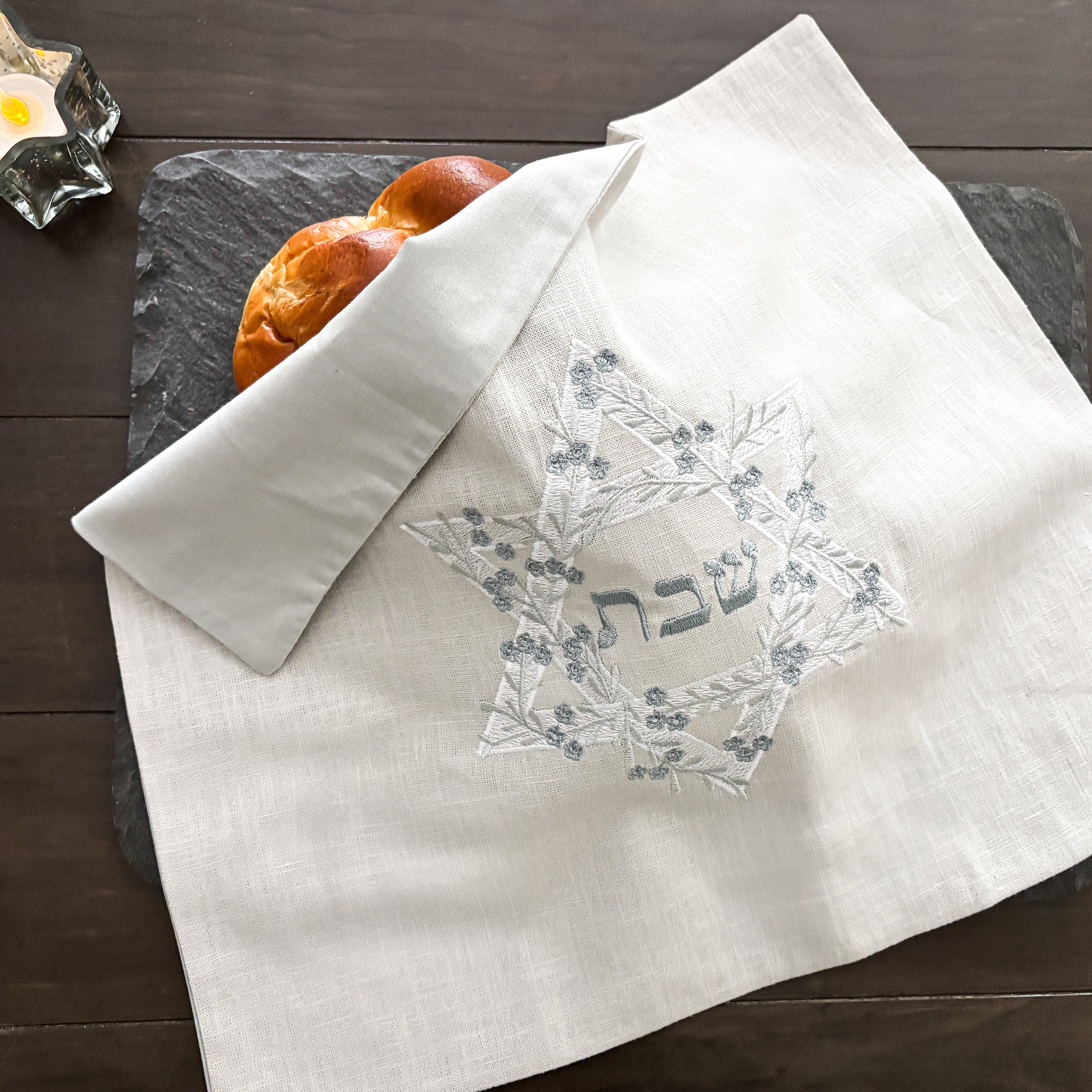 Linen Pale Grey Challah Cover, Star of David- Peace Love Light Shop