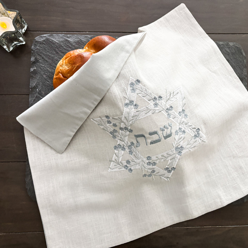 Linen Pale Grey Challah Cover, Star of David- Peace Love Light Shop