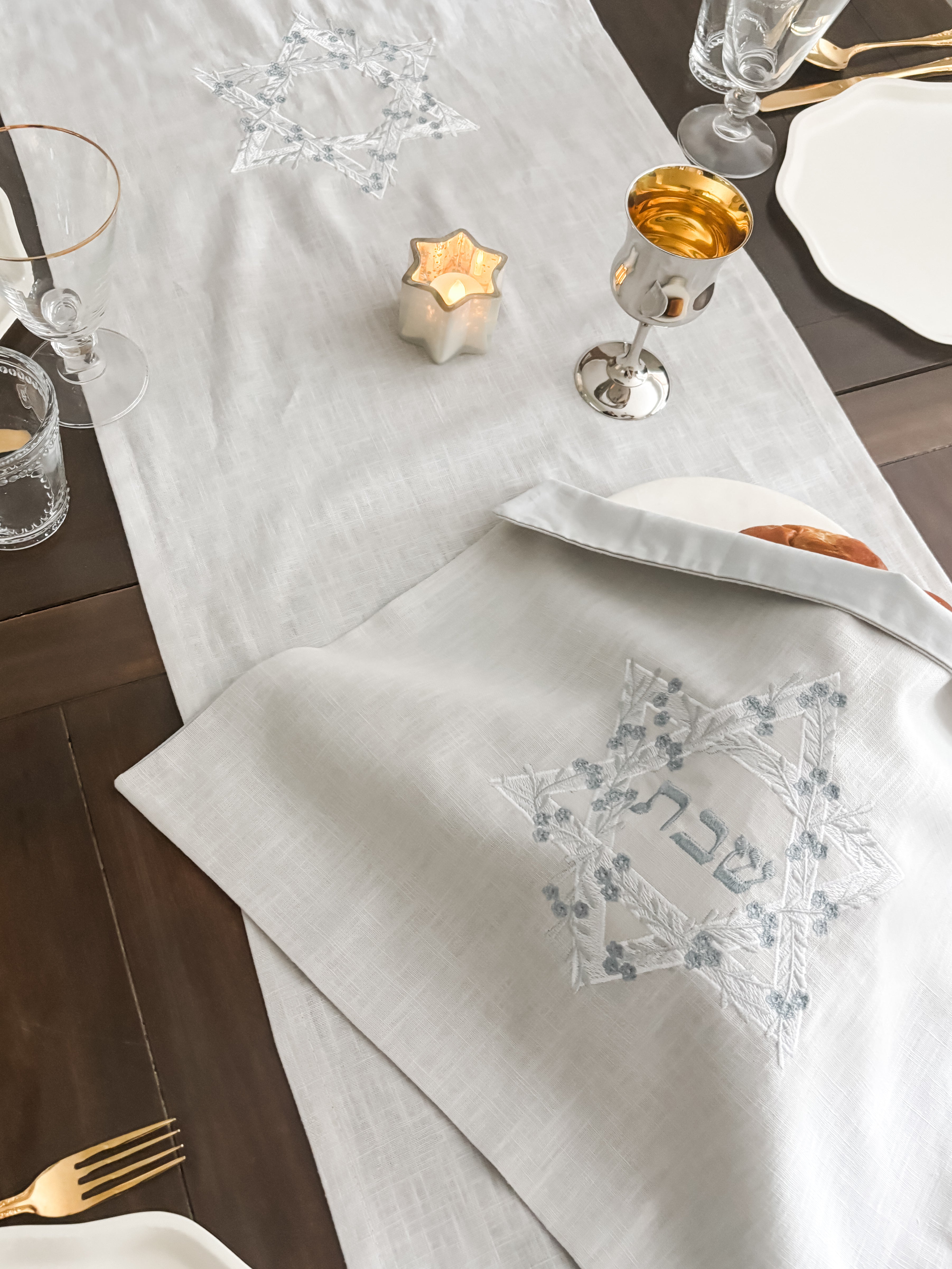Linen Challah Cover, Pale Grey, Star of David