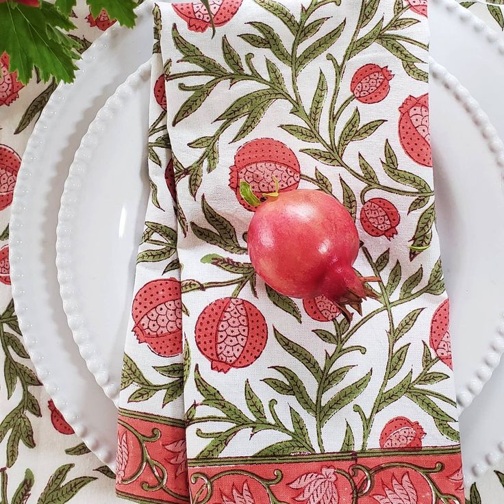 Pomegranate Hand Block Printed Napkins, Set of 4, Red
