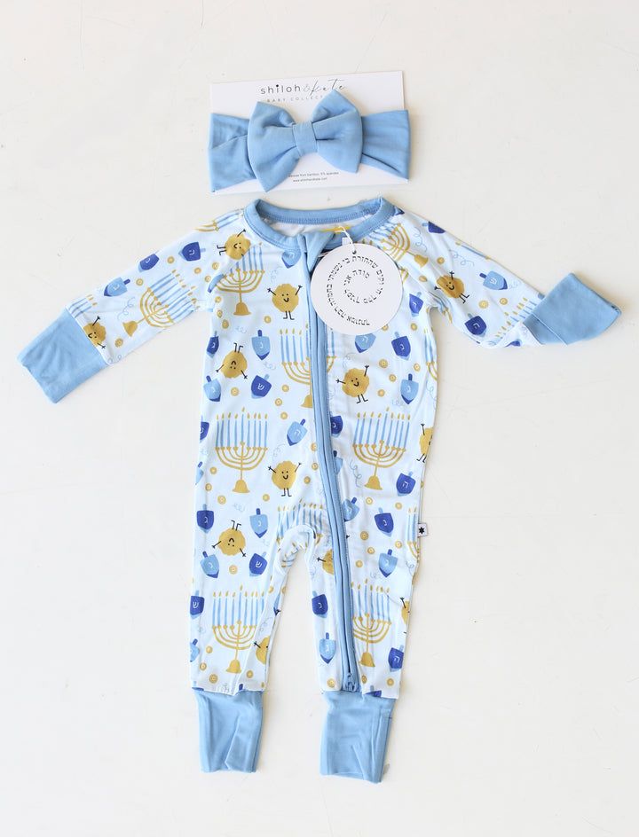 Shiloh & Kate Hanukkah bamboo pajamas- & matching bow- Peace Love Light Shop