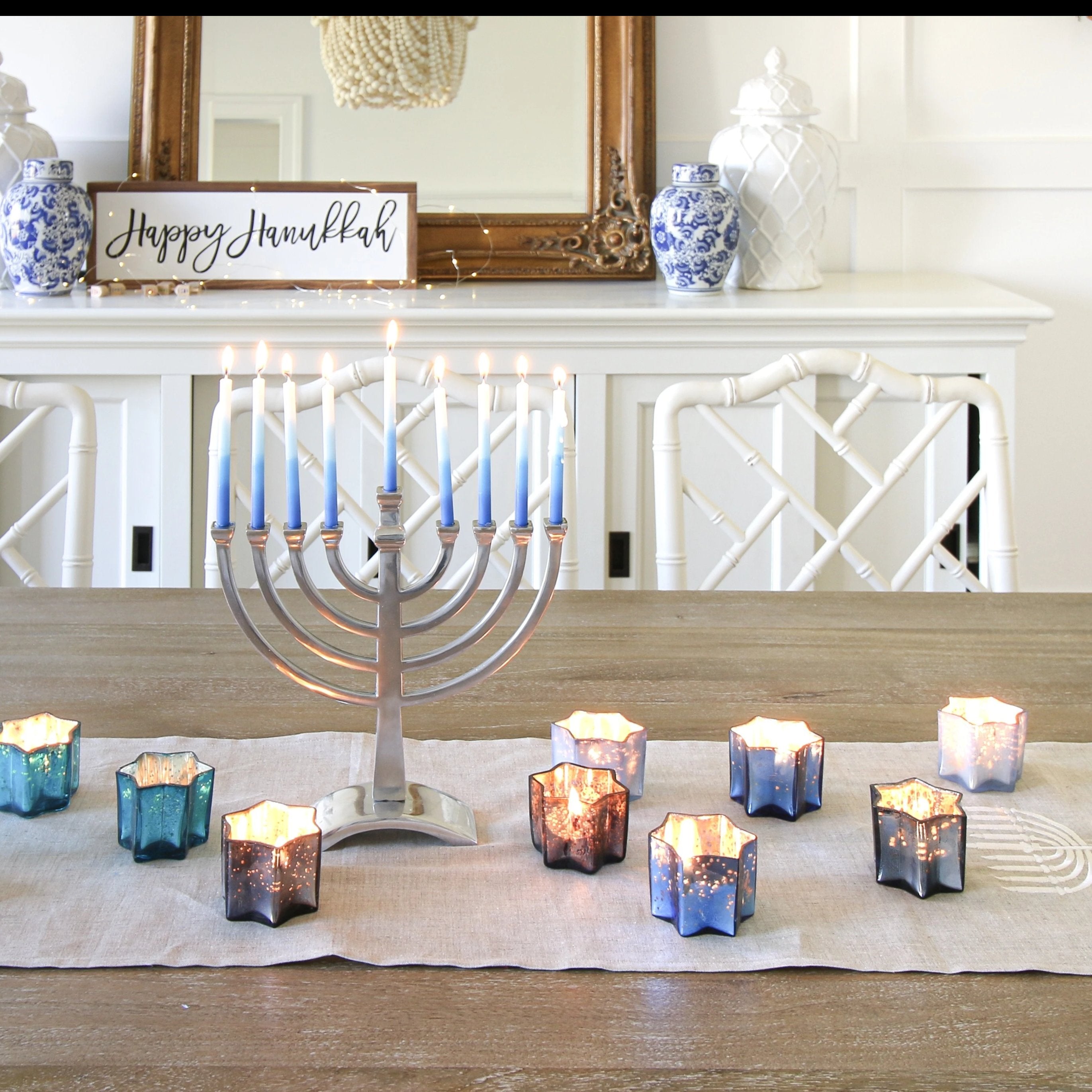 Embroidered Hanukkah Linen Runner, Hanukkah Decorations - Peace Love Light Shop