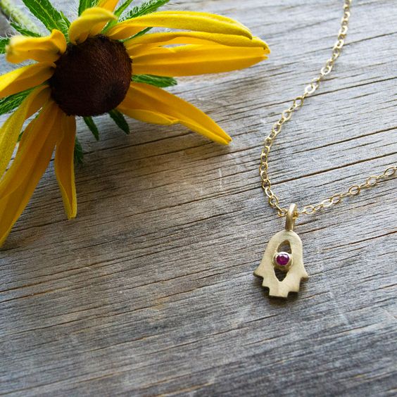 14K Gold Tiny Hamsa Necklace- Choose Your Gemstone - Peace Love Light Shop