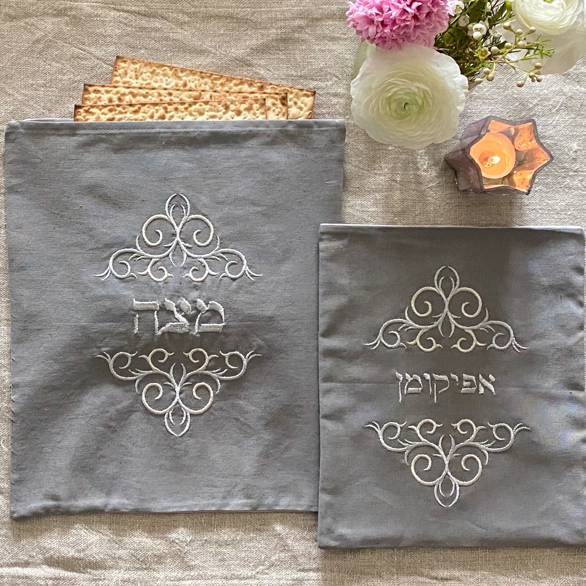 Matzoh Cover/Afikoman Bag Set, Grey Linen, Silver Embroidered - Peace Love Light Shop