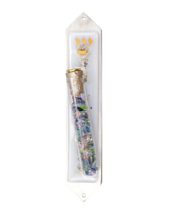Wedding Smash Glass Mezuzah, White Collage Design