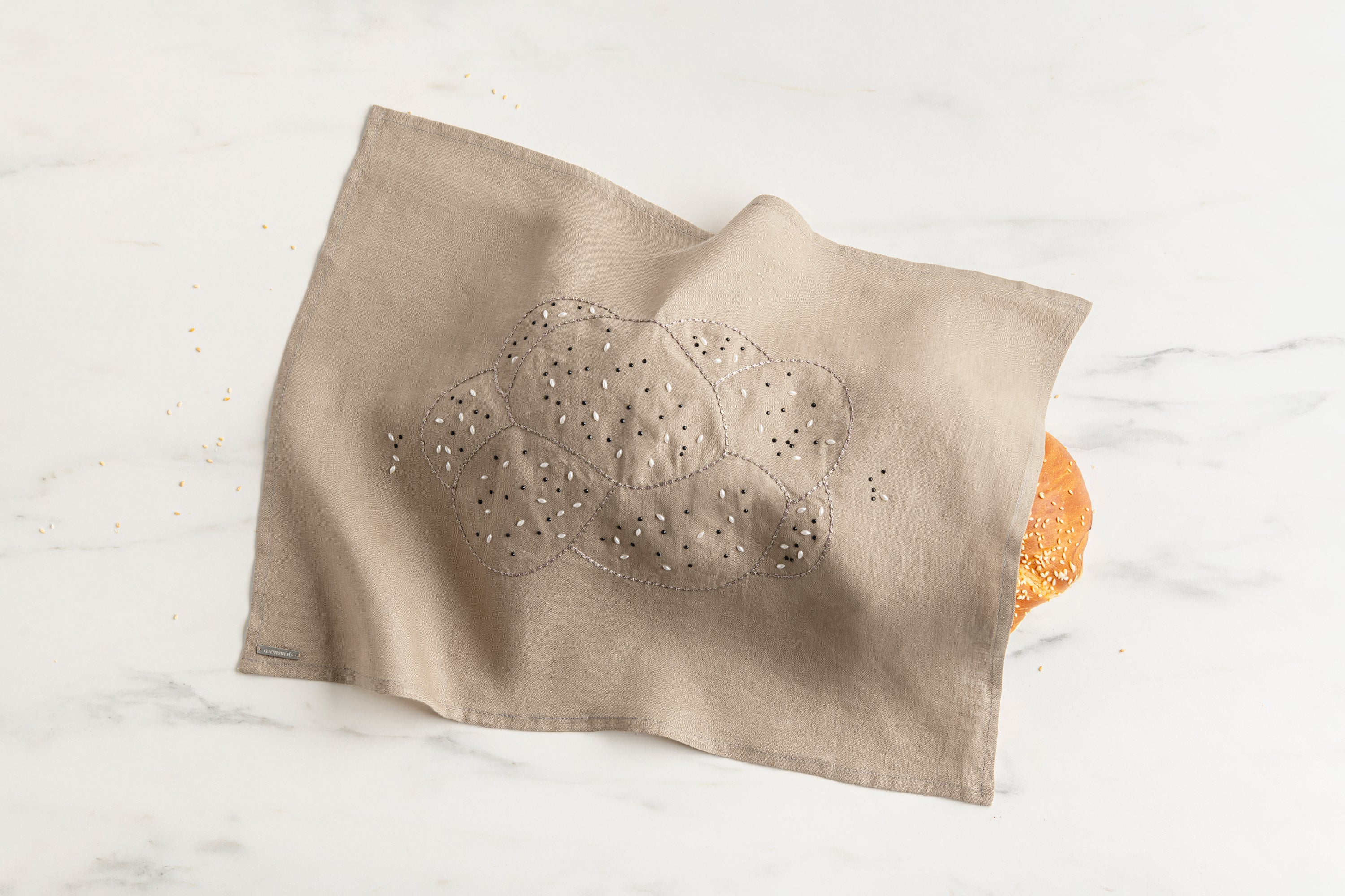 Embroidered linen challah cover with pearl seeds, made in Israel- Peace Love Light Shop