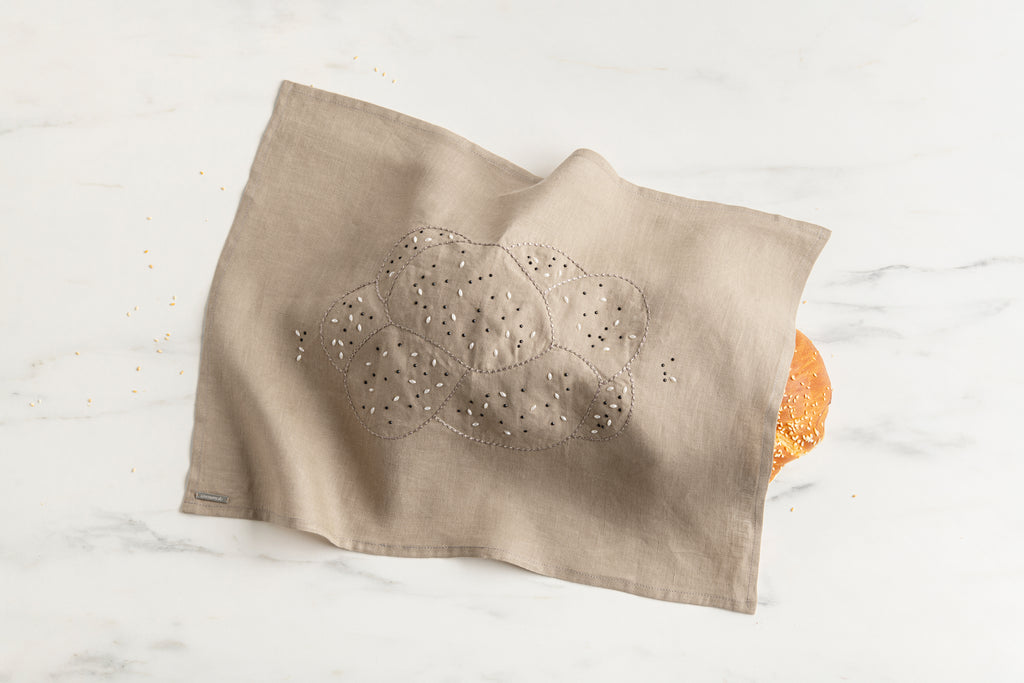 Embroidered linen challah cover with pearl seeds, made in Israel- Peace Love Light Shop