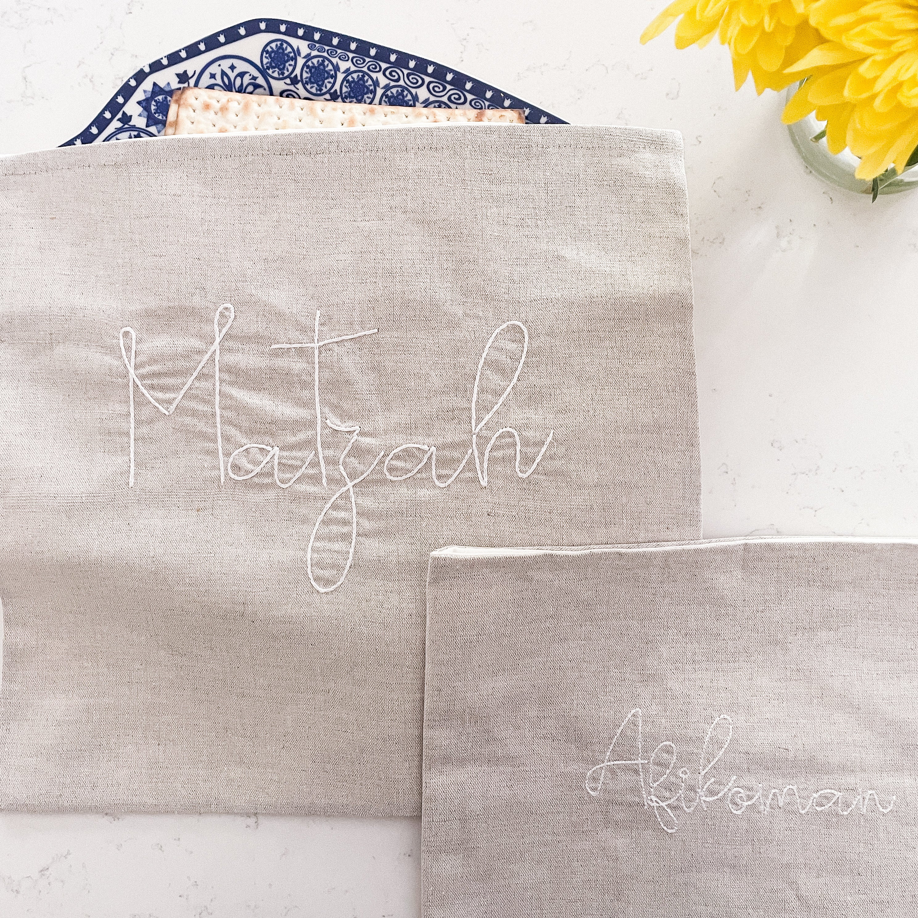 Matzah Cover, Afikoman Bag Set- Natural Linen, Peace Love Light Shop