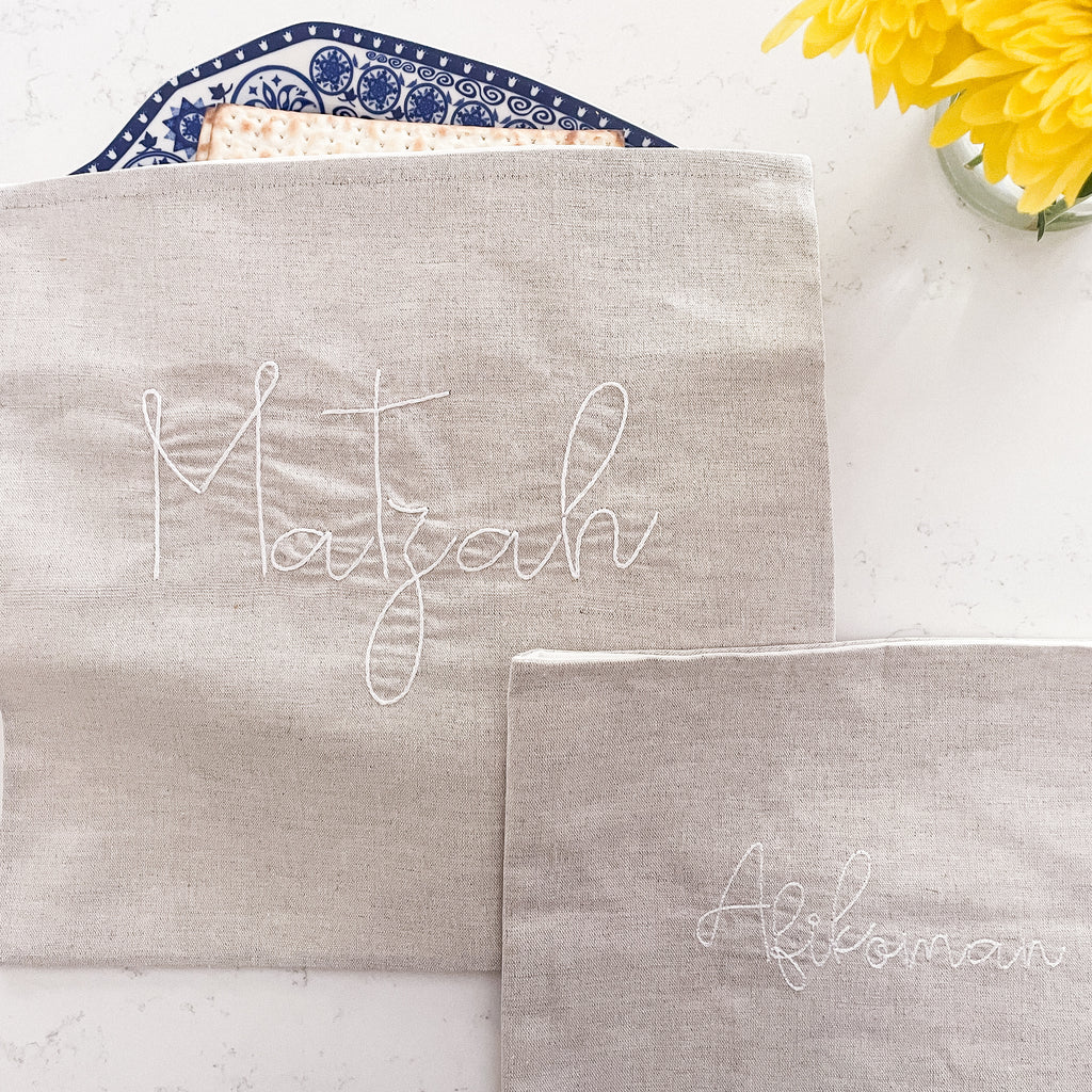 Embroidered Matzoh cover Afikoman Bag Set Linen Script Lettering