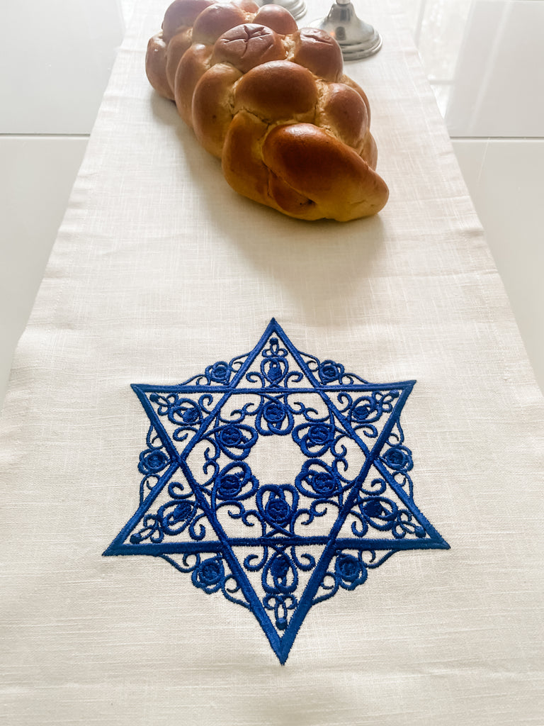 Embroidered Jewish Star Linen Runner- Natural, Shabbat Decor - Peace Love Light Shop