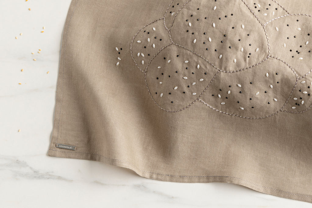 Embroidered linen challah cover with pearl seeds, made in Israel- Peace Love Light Shop