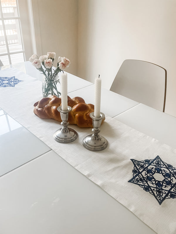 Embroidered Jewish Star Linen Runner- Natural, Jewish Decor - Peace Love Light Shop