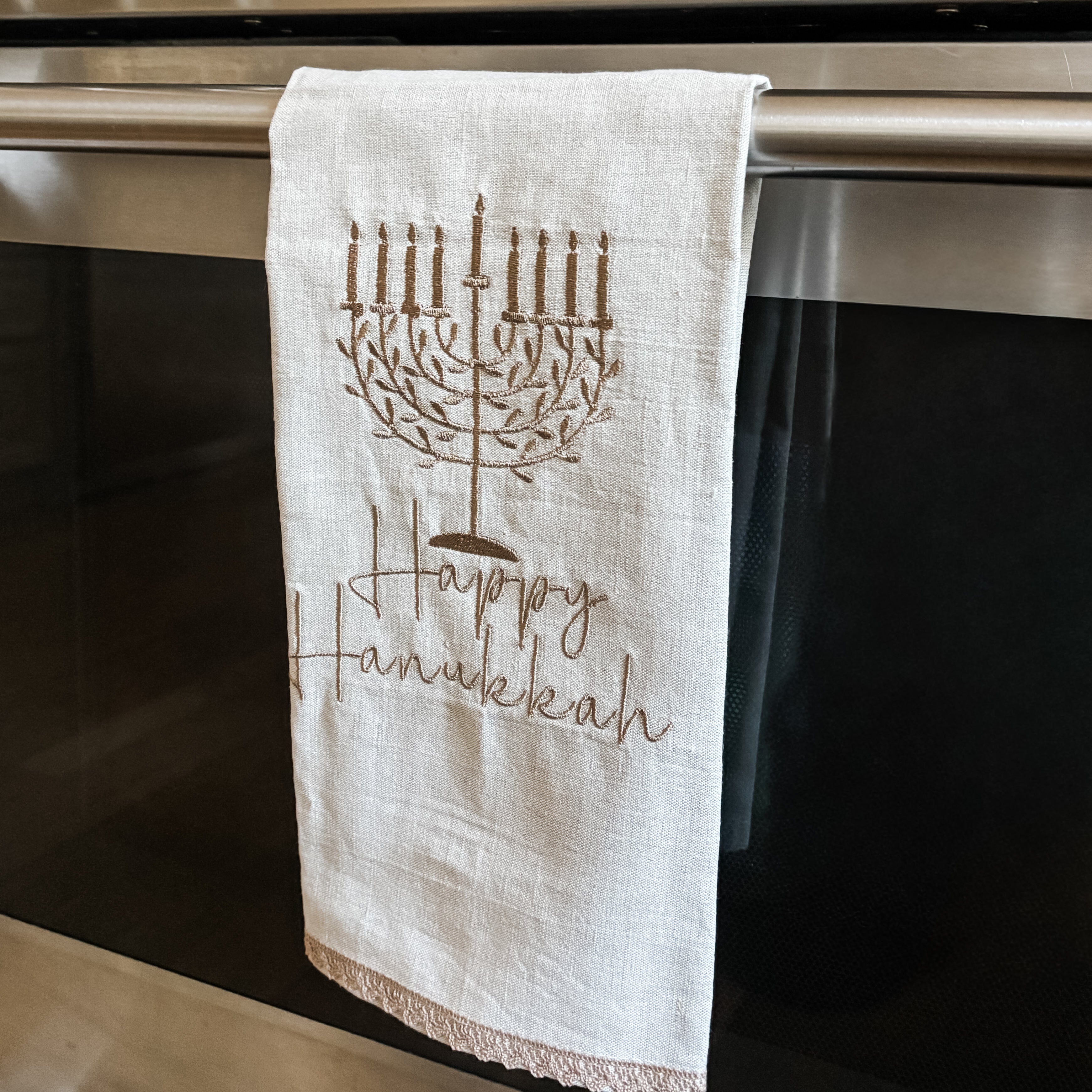 Hanukkah Gift, Tea Towel- Lace trim, Peace Love Light Shop