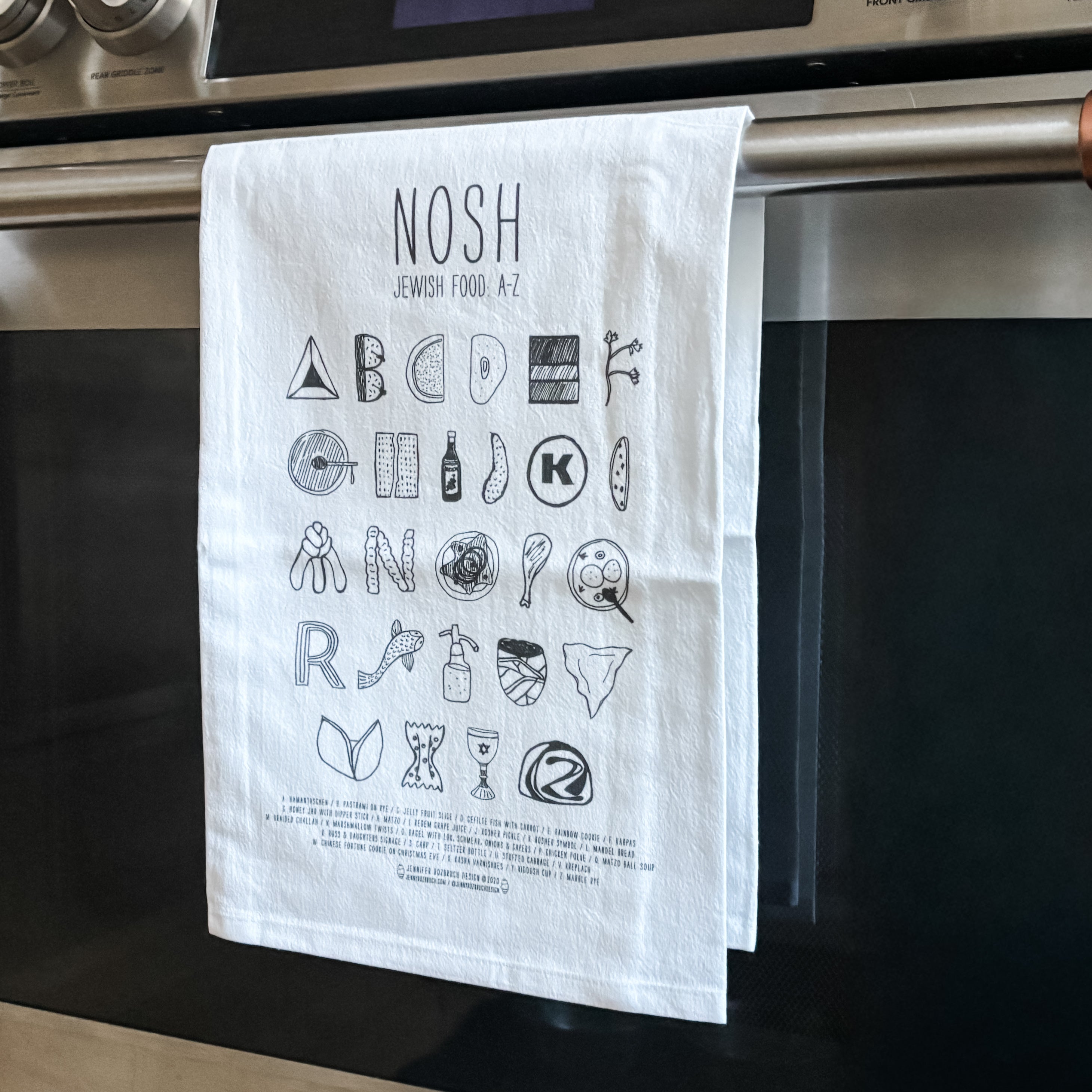 Nosh Jewish Food A-Z Tea Towel -Peace Love Light Shop