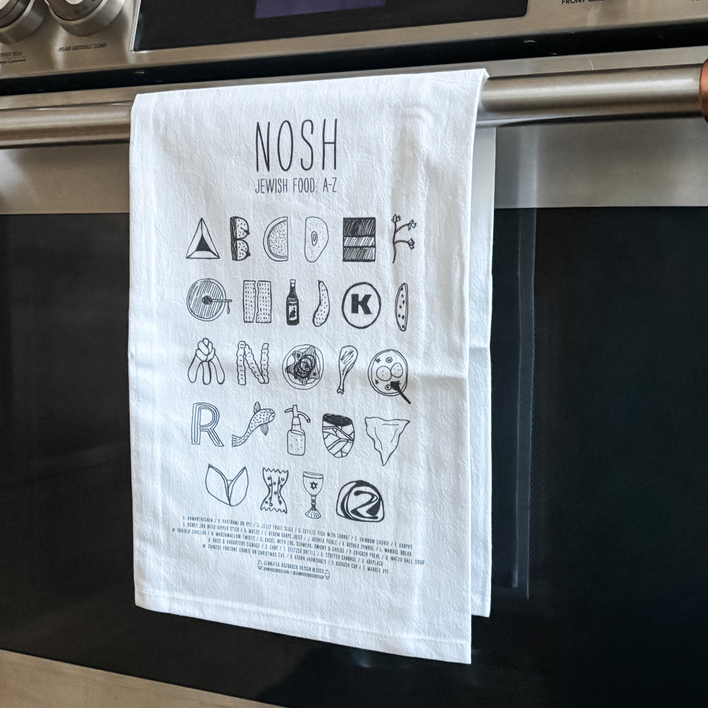 Nosh Jewish Food A-Z Tea Towel -Peace Love Light Shop