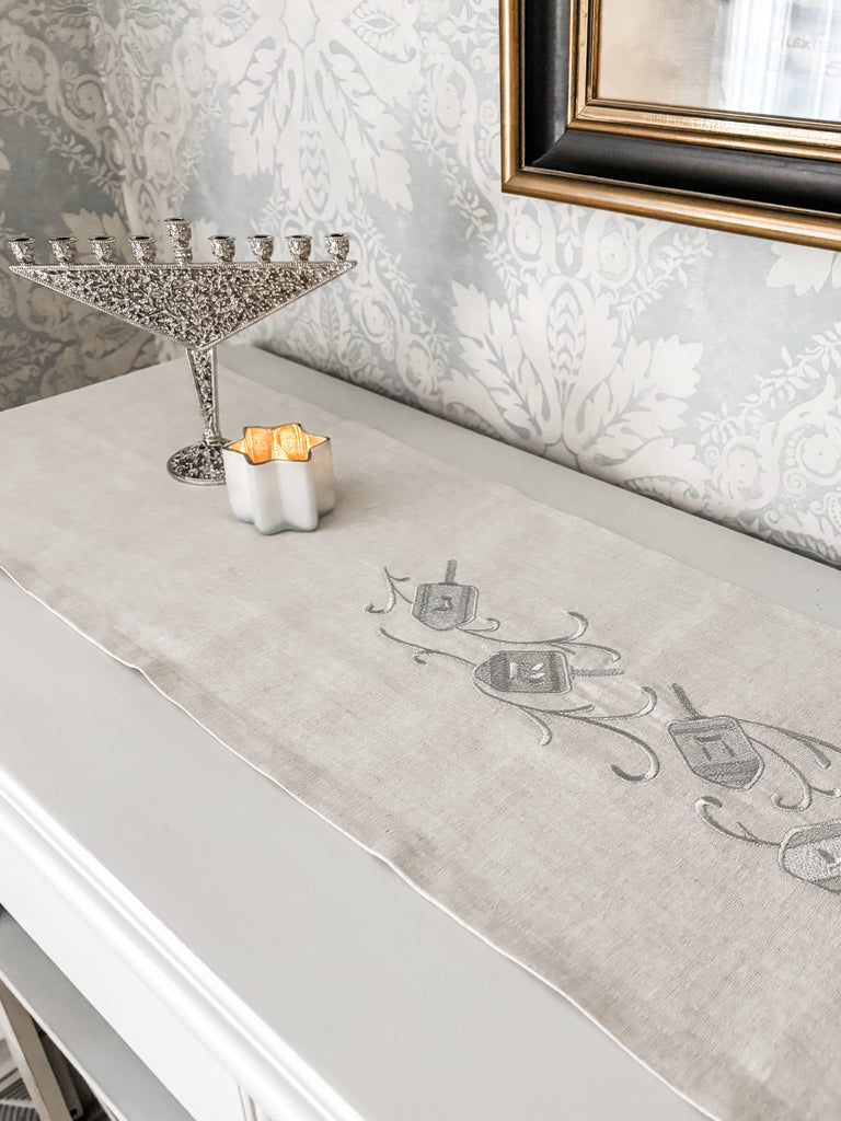 Hanukkah decorations- embroidered dreidel runner- Peace Love Light Shop