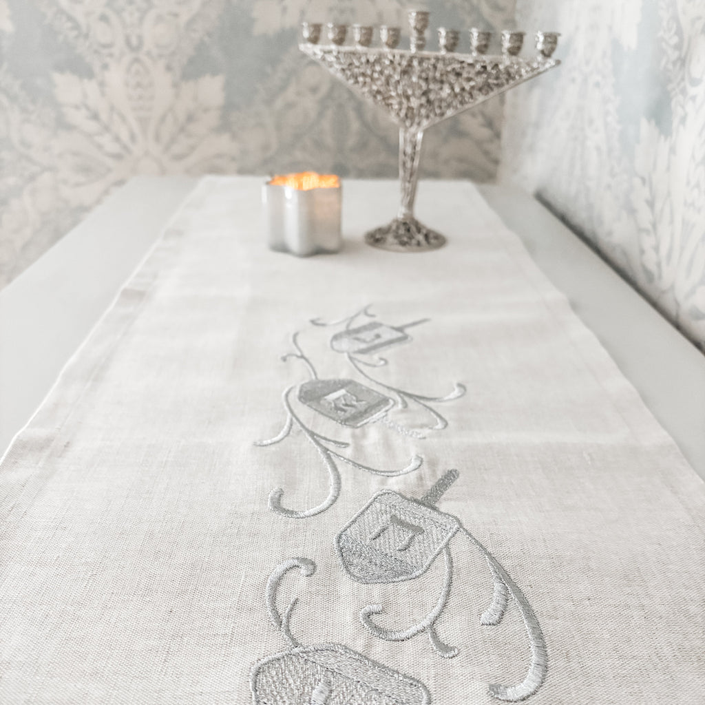 Hanukkah decorations- embroidered dreidel runner- Peace Love Light Shop