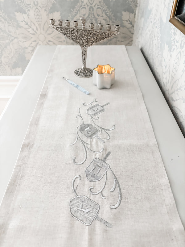 Hanukkah decorations- embroidered dreidel runner- Peace Love Light Shop