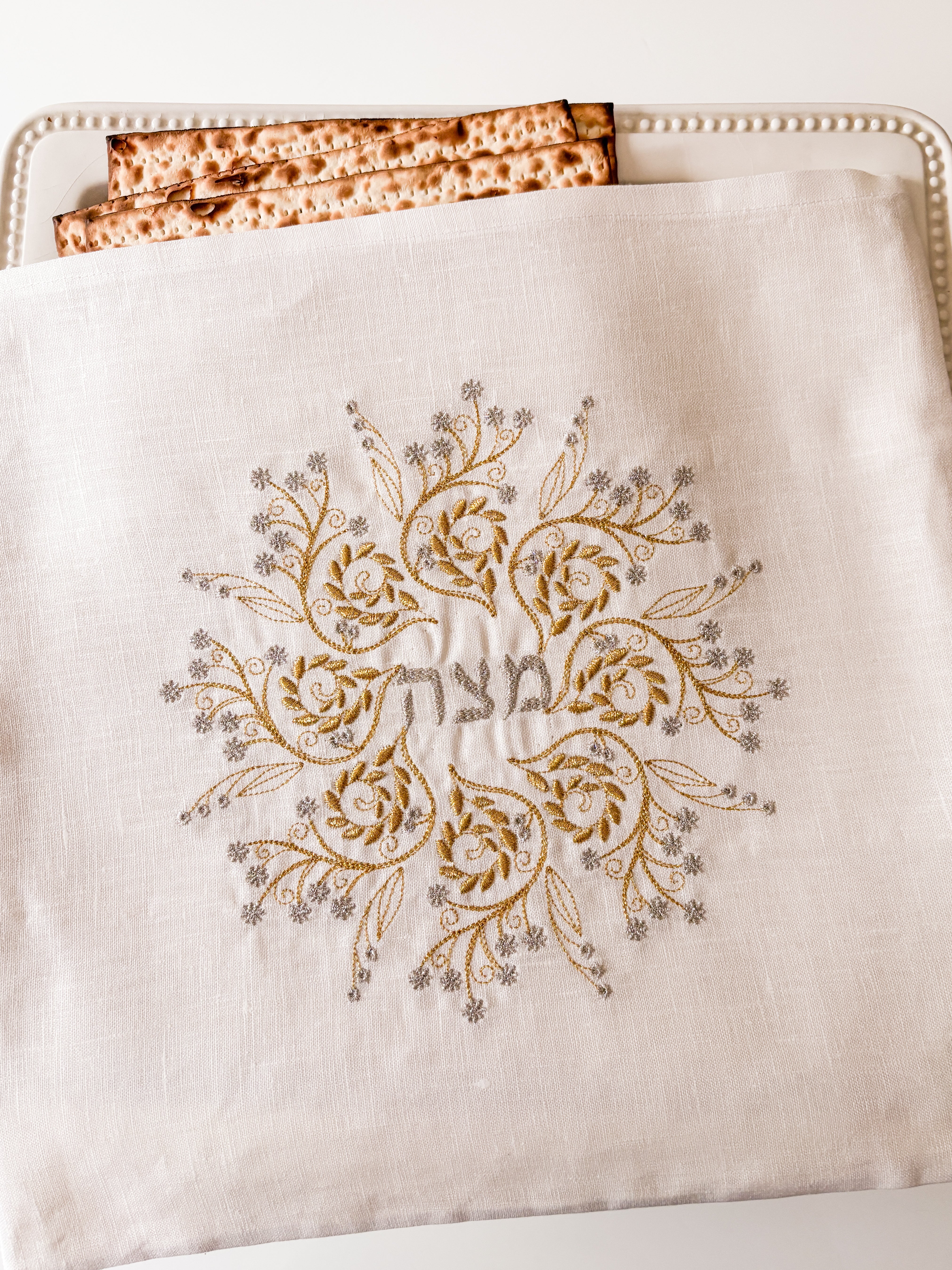 Embroidered Matzoh cover,Afikoman Bag + Runner, Ivory linen, Gold Embroidery