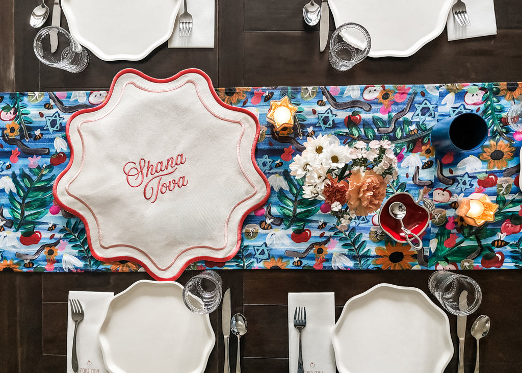 Colorful modern Rosh Hashanah tablescape- Peace Love Light Shop