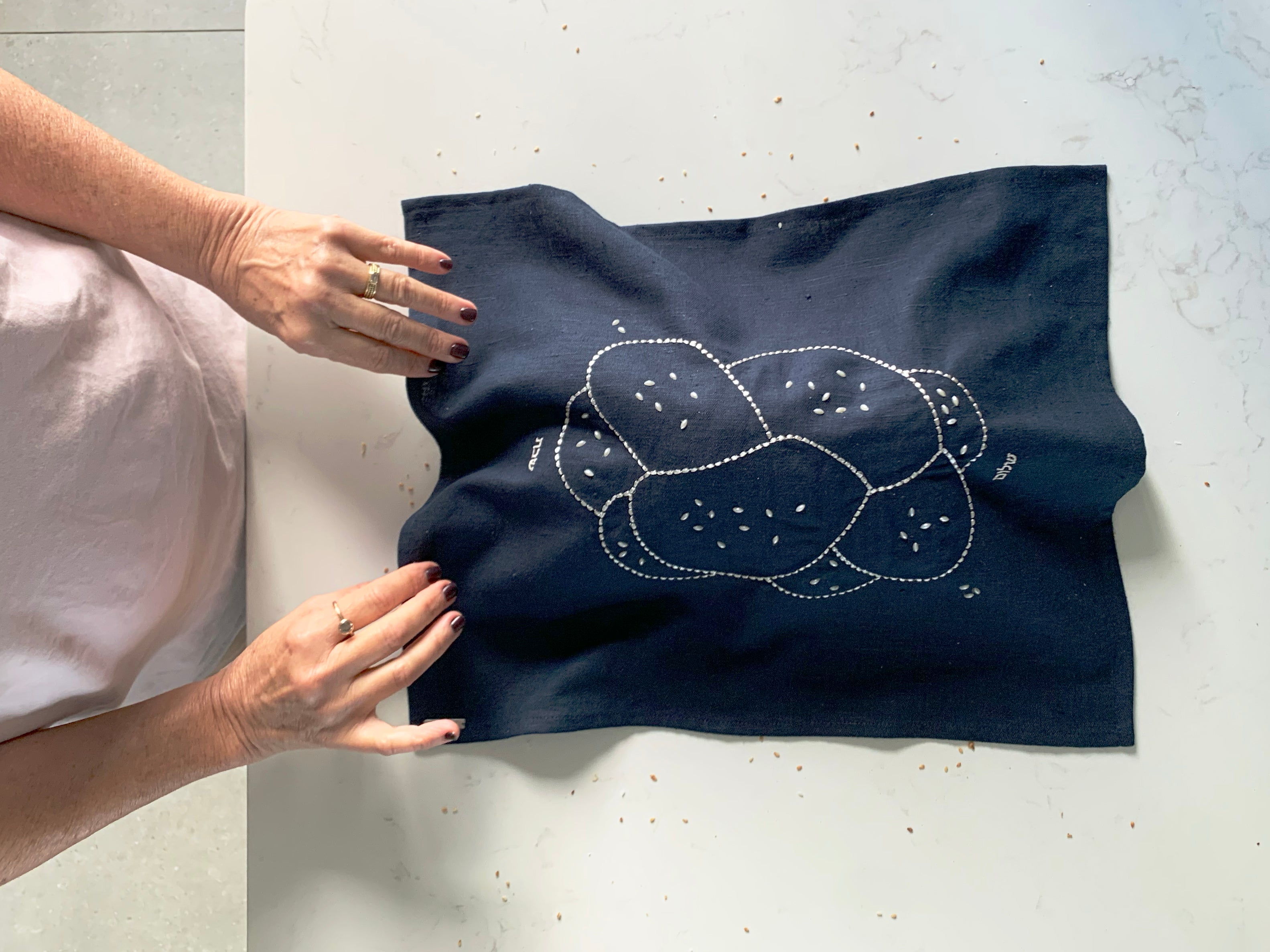 Embroidered linen challah cover with pearl seeds, made in Israel- Peace Love Light Shop