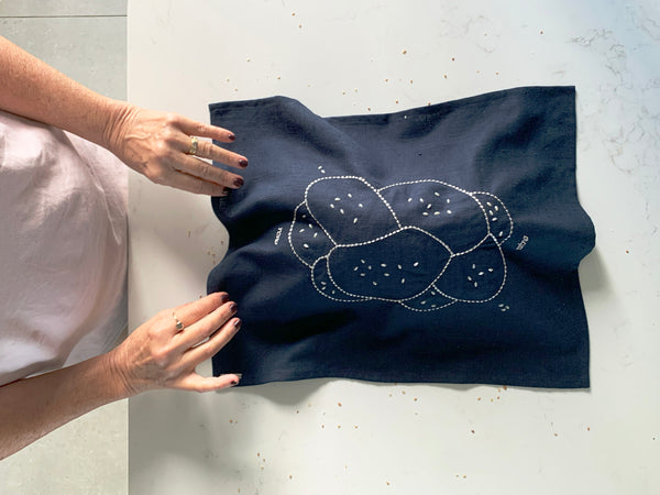 Embroidered linen challah cover with pearl seeds, made in Israel- Peace Love Light Shop