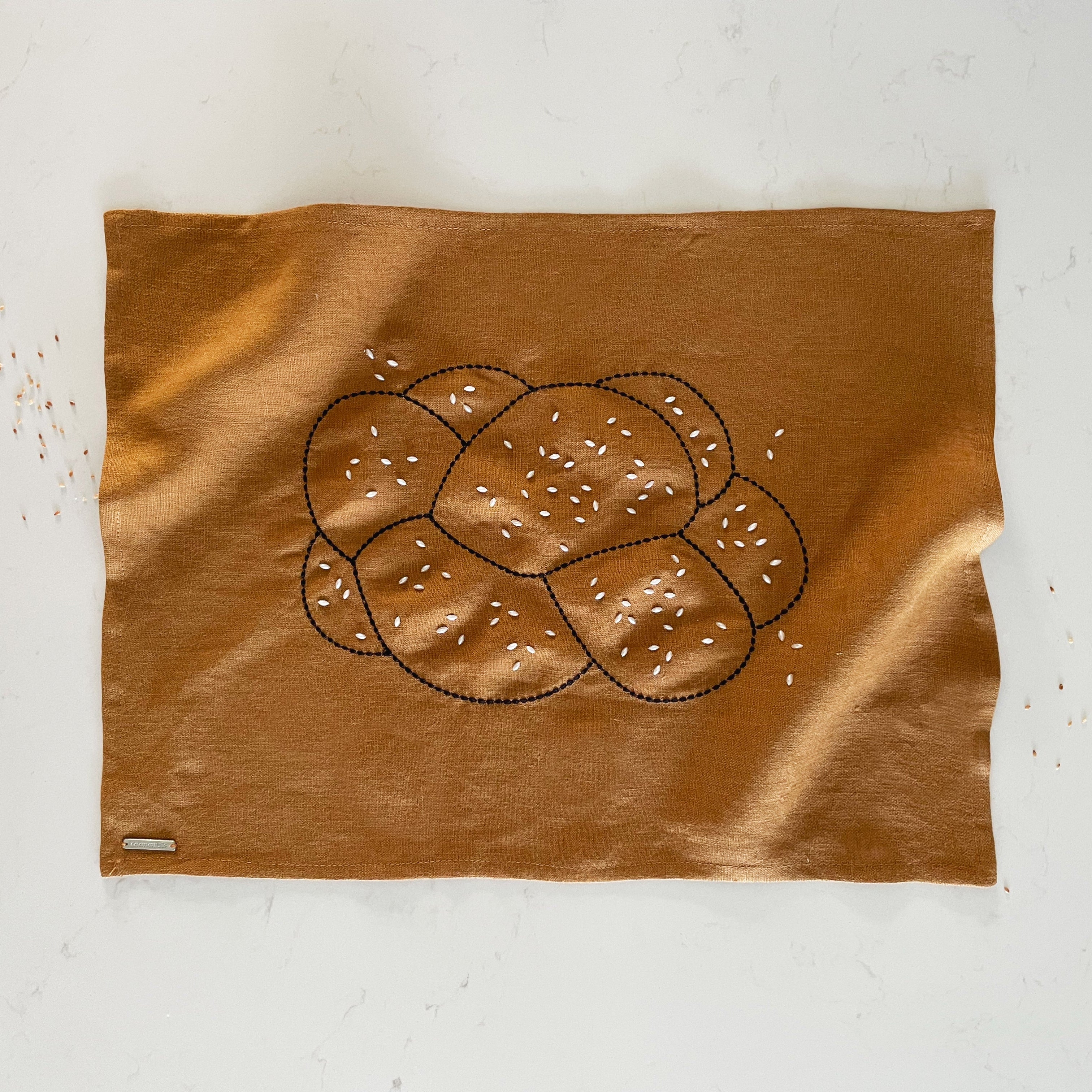 Embroidered linen challah cover with pearl seeds, made in Israel- Peace Love Light Shop