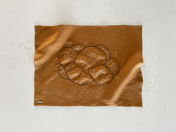 Embroidered linen challah cover with pearl seeds, made in Israel- Peace Love Light Shop