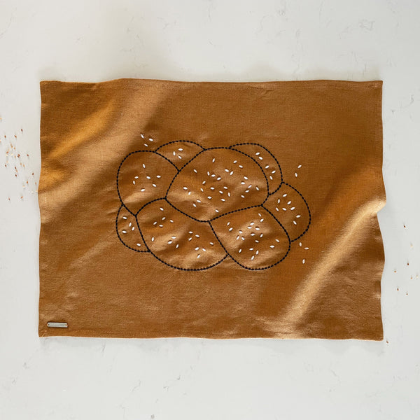 Embroidered linen challah cover with pearl seeds, made in Israel- Peace Love Light Shop