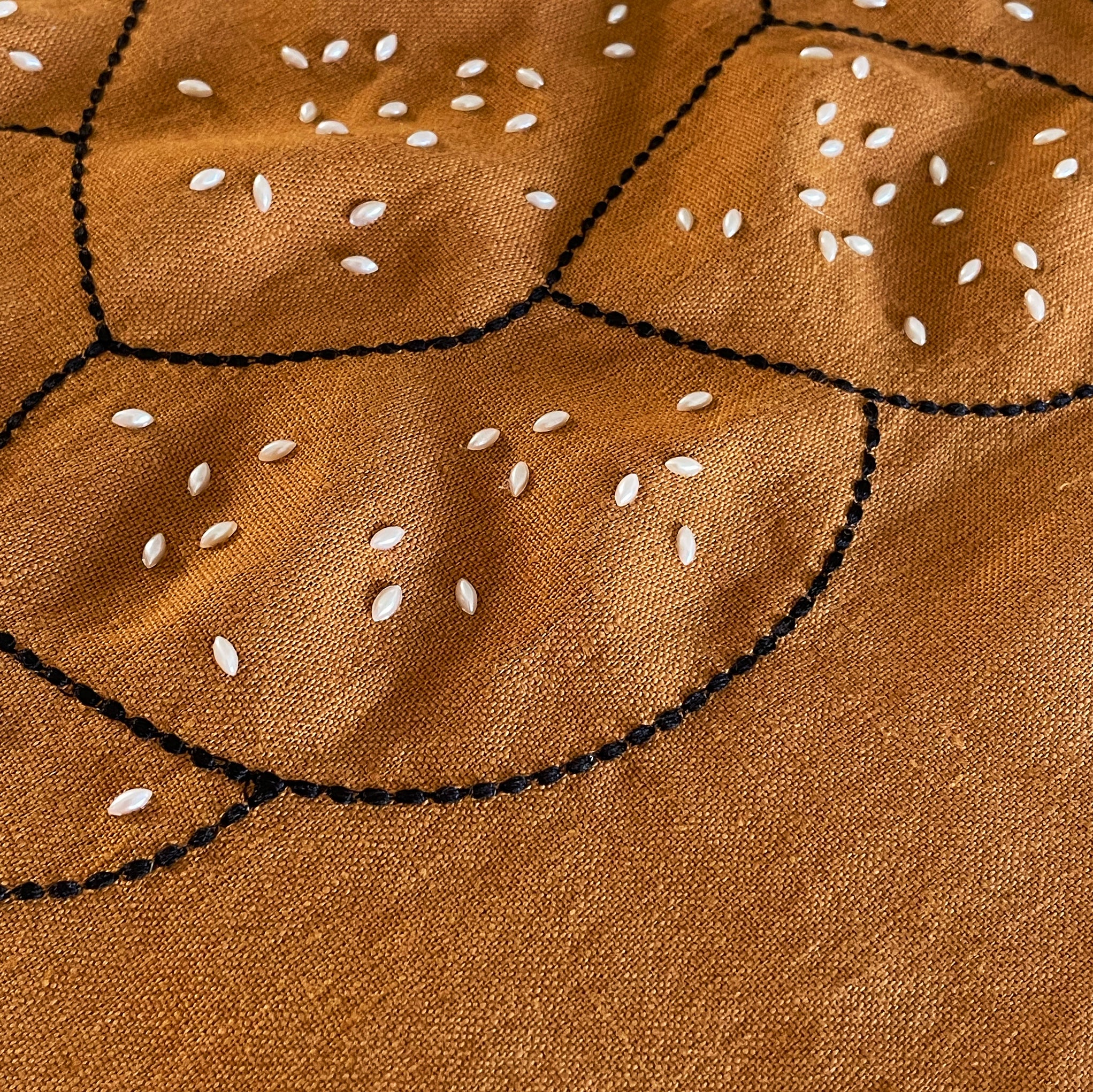 Embroidered linen challah cover with pearl seeds, made in Israel- Peace Love Light Shop