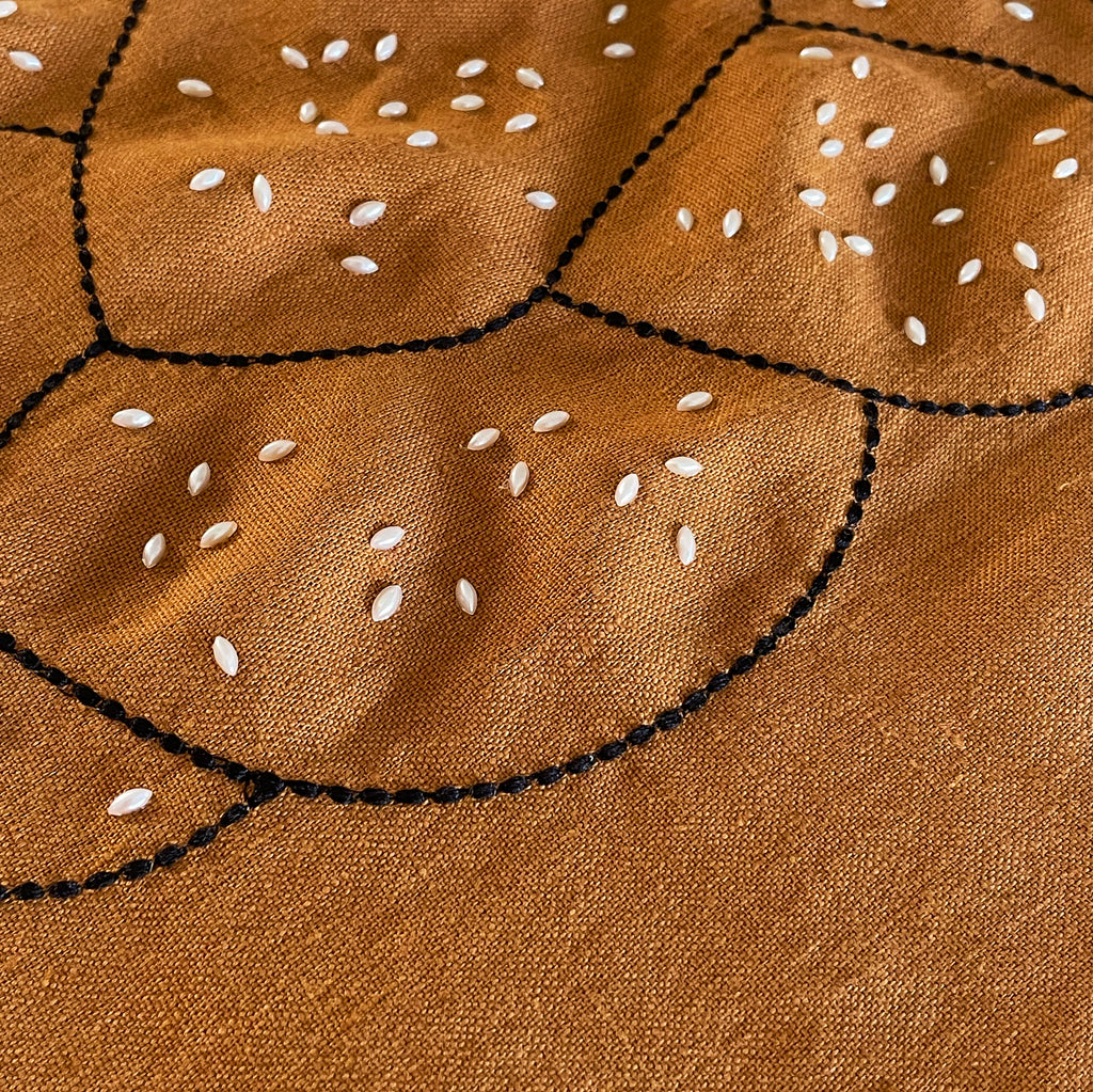 Embroidered linen challah cover with pearl seeds, made in Israel- Peace Love Light Shop