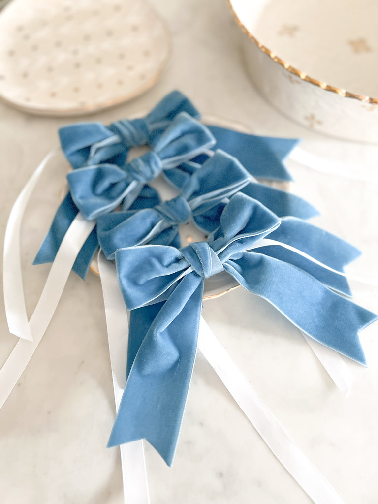 Blue velvet napkin bows- Peace Love Light Shop