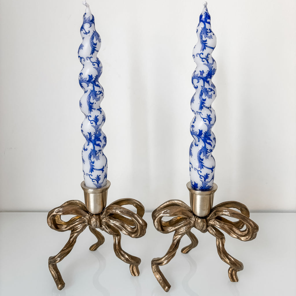 Bow candle holders, brass, shabbat- Peace Love Light Shop