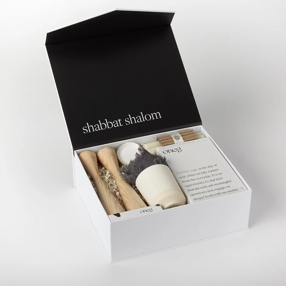 The Shabbat Box, Modern, Challah Cover, Candlesticks, Kiddush Cup, Candles
