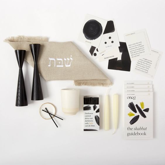 The Shabbat Box, Modern, Challah Cover, Candlesticks, Kiddush Cup, Candles