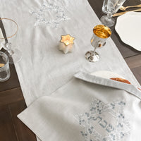 Embroidered Botanical Star of David Linen Runner- Pale Grey, Shabbat, 56" & 84" Available