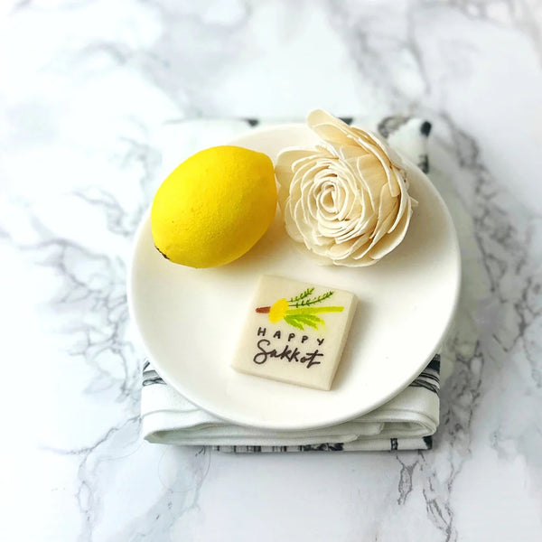 White marzipan with 'Happy Sukkot' text and lulav designs- Peace Love Light Shop