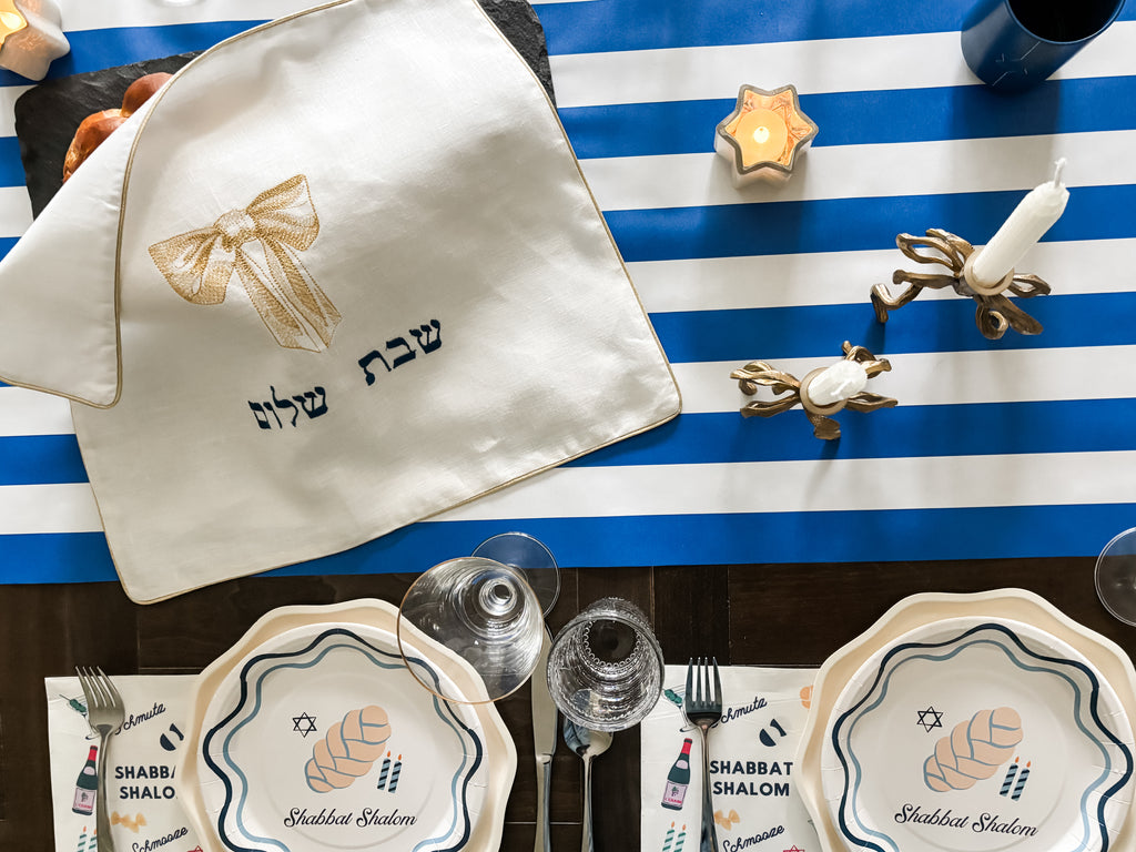 Challah cover, Bow design, Blue, Gold & White- Peace Love Light Shop