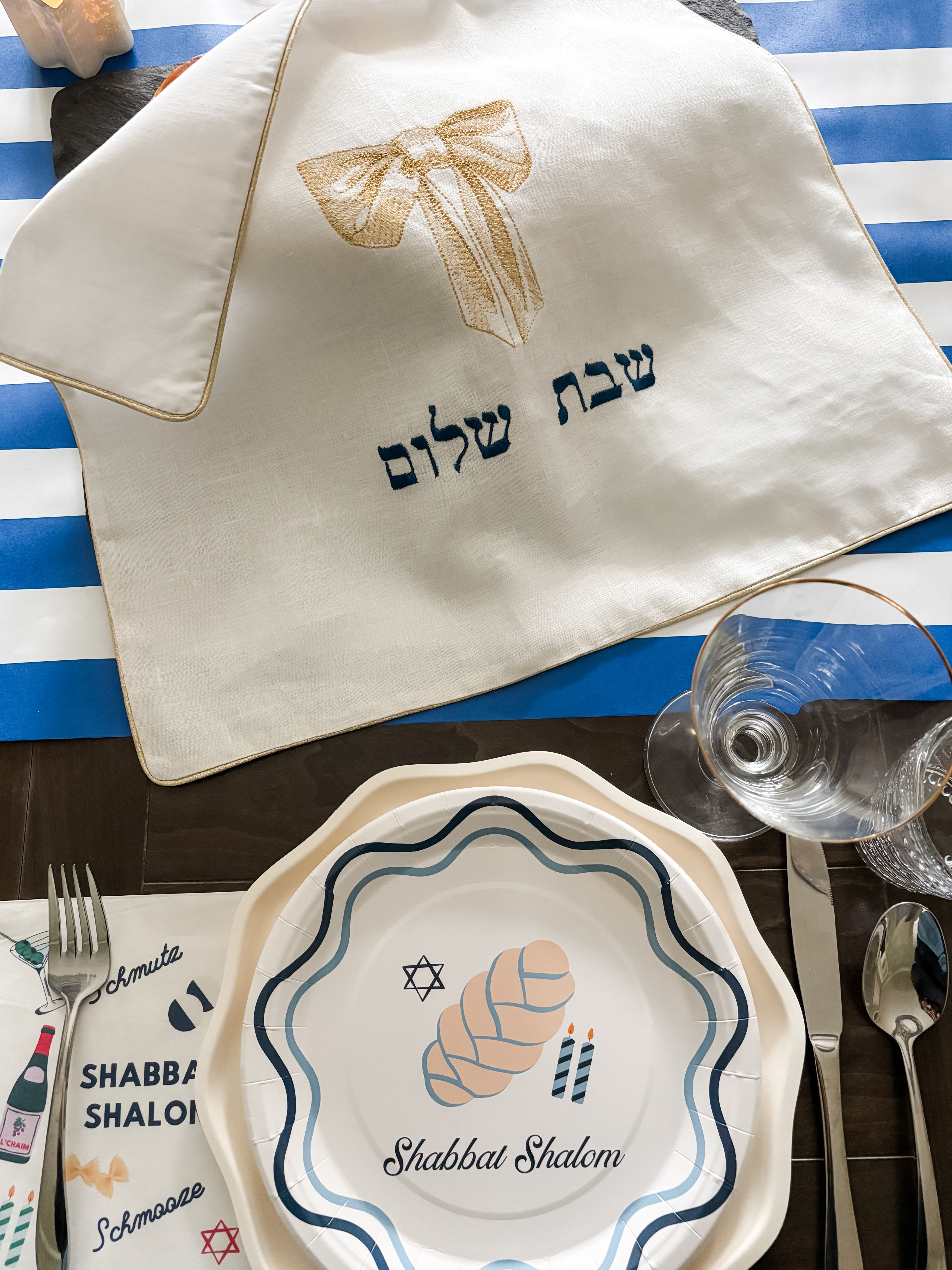 Challah cover, Bow design, Blue, Gold & White- Peace Love Light Shop
