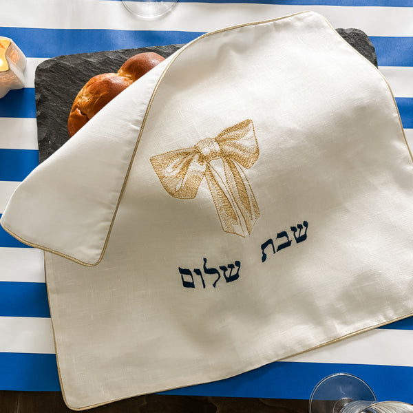 Challah cover, Bow design, Blue, Gold & White- Peace Love Light Shop