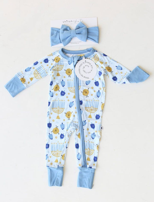 Shiloh & Kate Hanukkah bamboo pajamas- & matching bow- Peace Love Light Shop