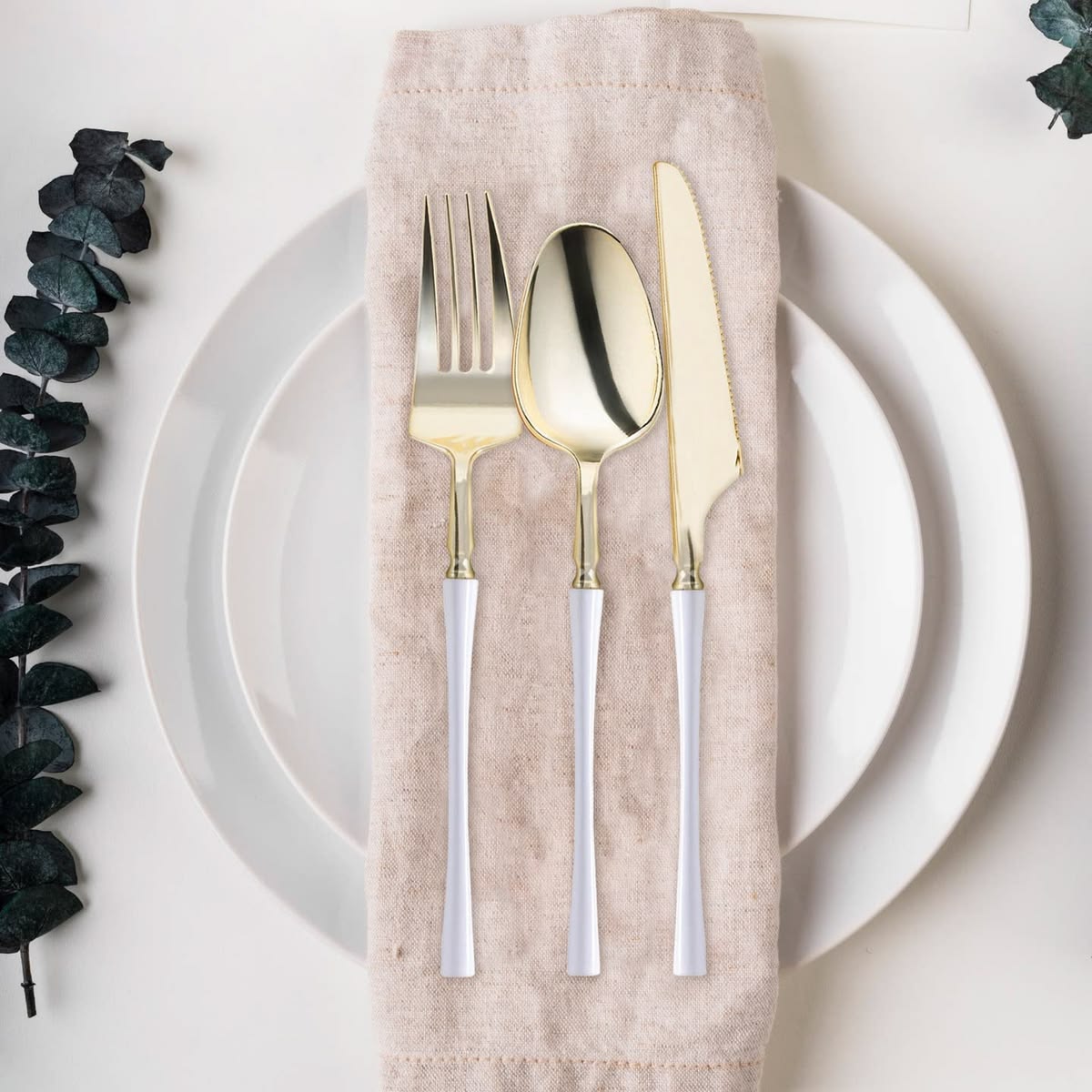 White/Gold Assorted Plastic Cutlery/60pc, Service for 20