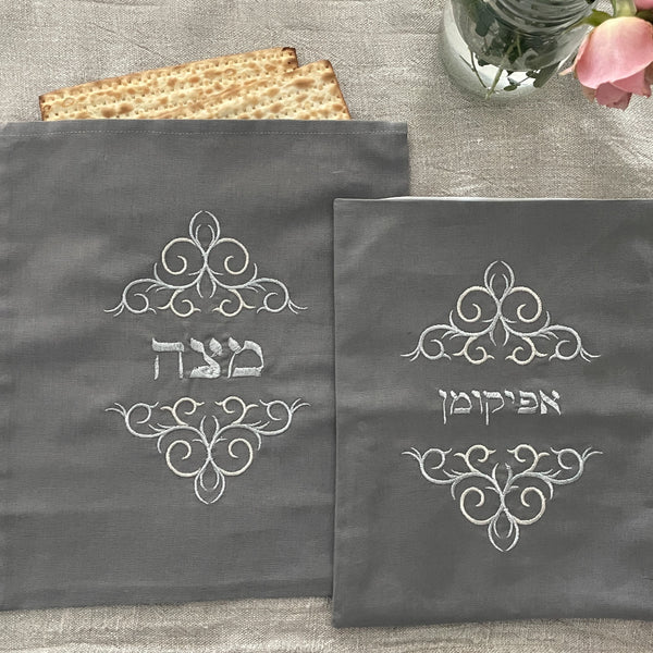 Matzah Cover- & Afikoman Bag, Pewter Linen, Silver Embroidered - Peace Love Light Shop