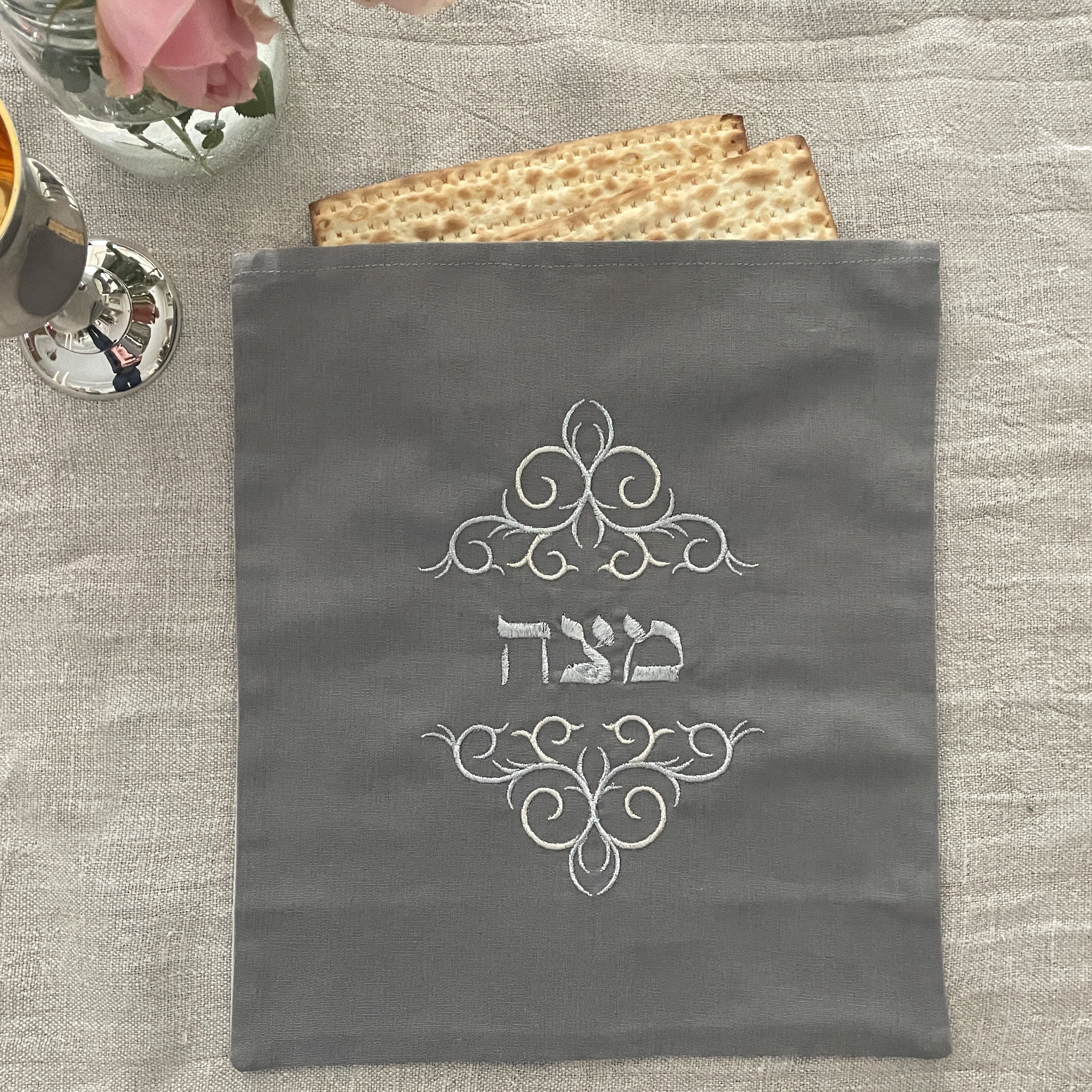 Matzoh Cover/Afikoman Bag Set, Grey Linen, Silver Embroidered - Peace Love Light Shop